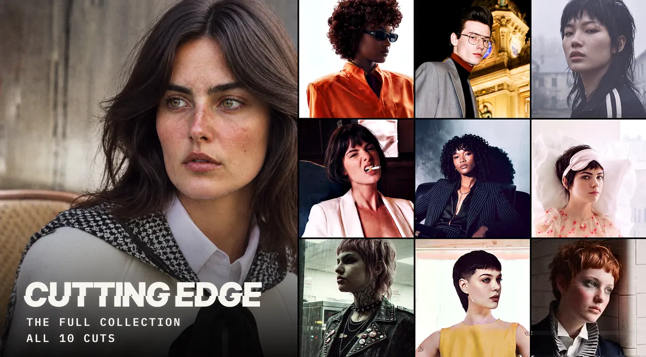 AI-generated image: The Cutting Edge Full Collection, all ten cuts: The Rachel large on the left, with The Kira, The J Louii, Romantic Mullet, The Bobby, The Janet, The Betsy, The Mixie, The Ryan and The Andie in a grid