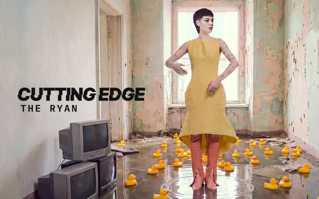 AI-generated image: The Ryan, The Cutting Edge: a woman with a short dark cut, faded sides and a broken fringe, in a mustard dress and salmon boots, standing in a flooded room among rubber ducks and old televisions